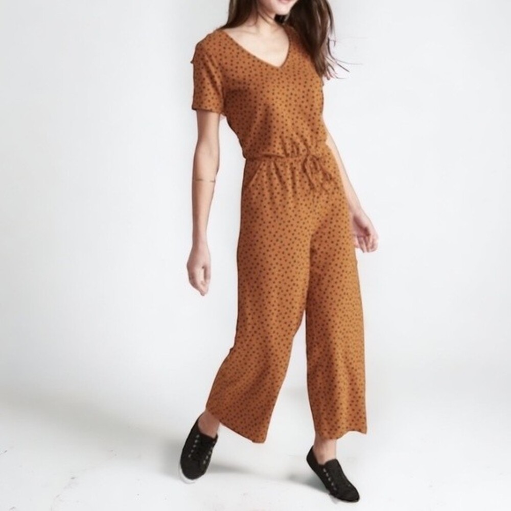 Old Navy Short Sleeve Jumpsuit Yellow Ochre Black Polka Dots Women's Size Small